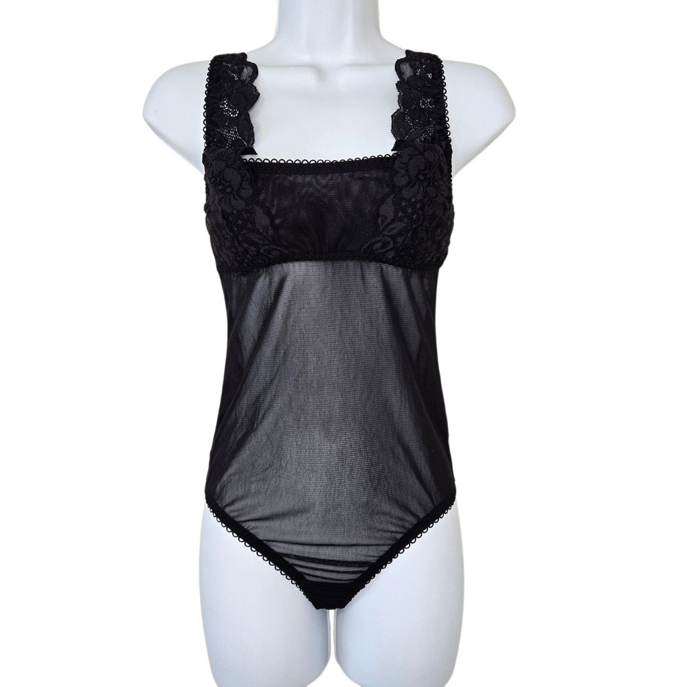 We Are Hah Bodysuit Womens M Black Sheer Mesh Floral Lace Square Neck Lingerie